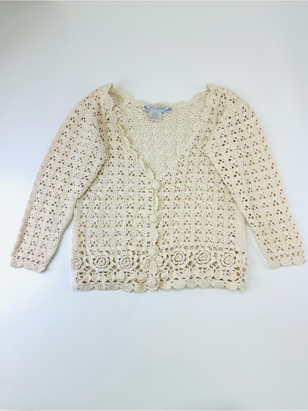 Vintage 90s Santa Barbara Ivory Crochet Rosette Cardigan Cotton Ramie S fits M